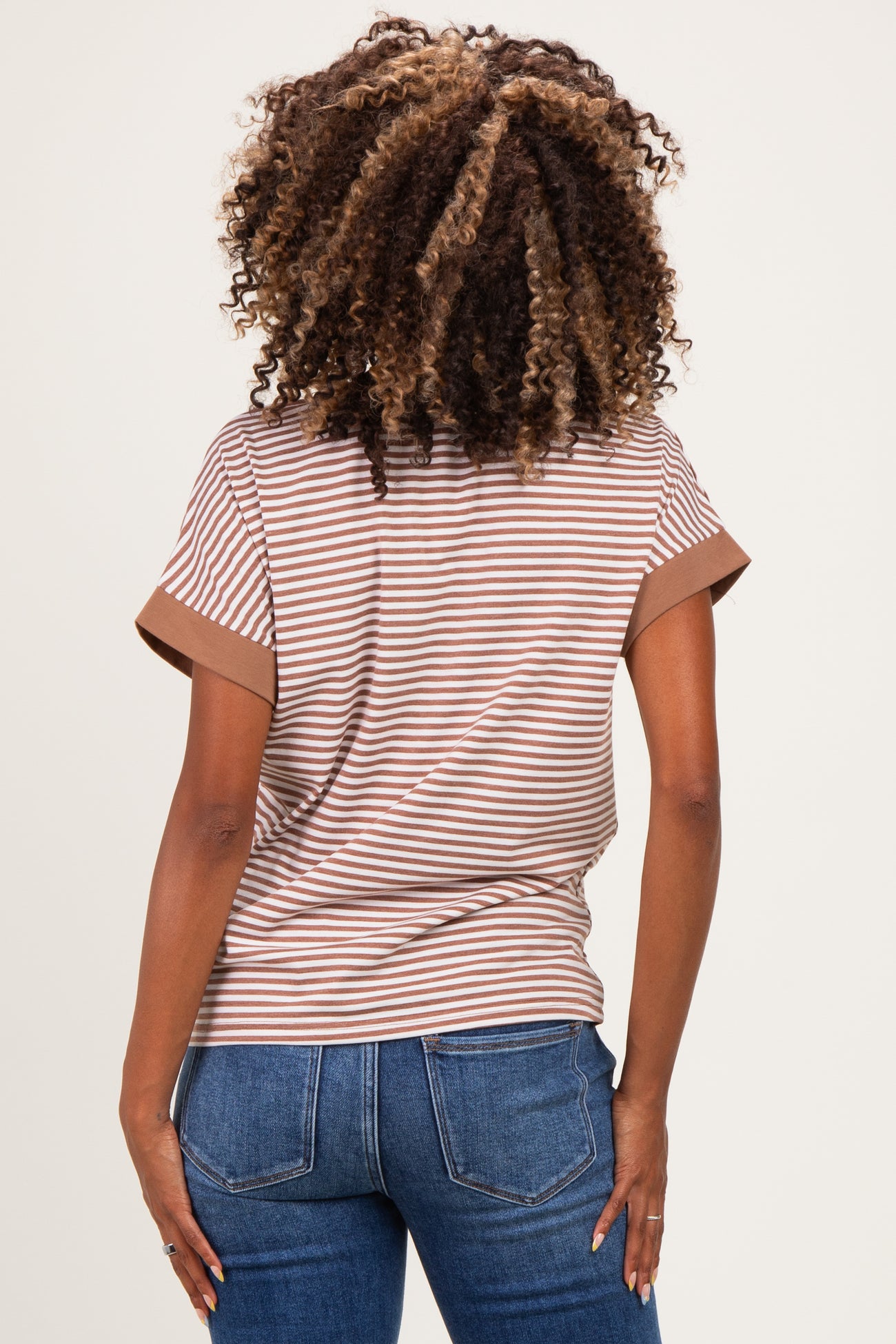 Mocha Striped Contrast Trim Maternity Top