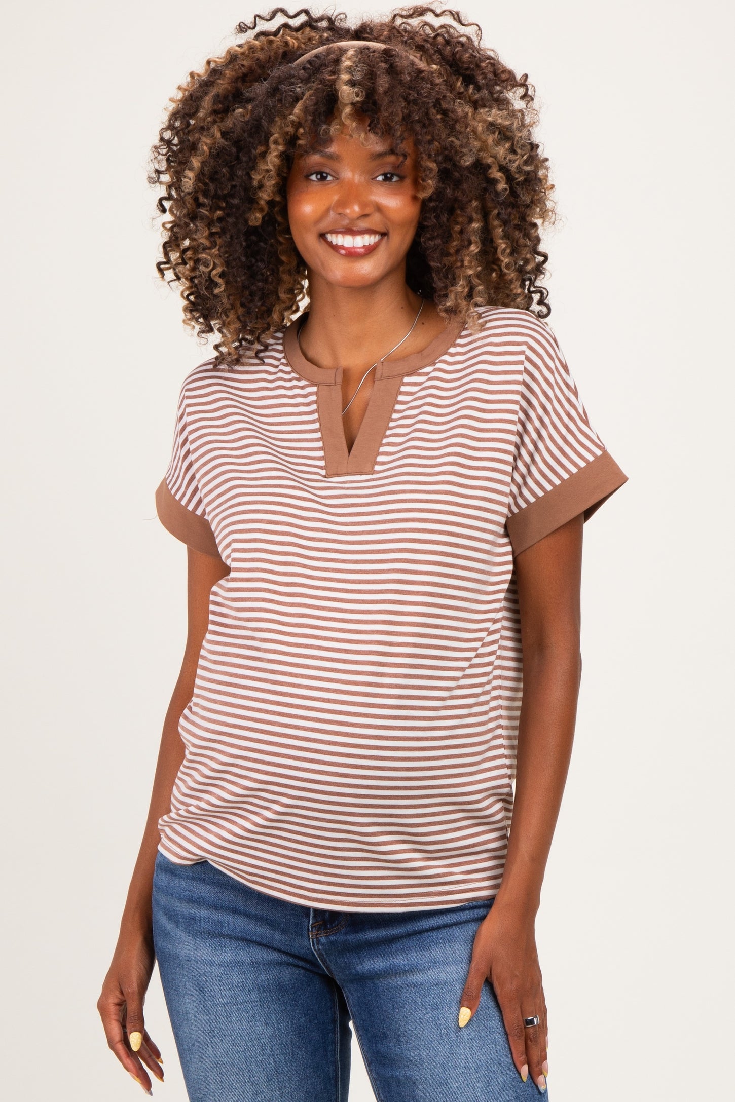 Mocha Striped Contrast Trim Maternity Top