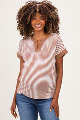 Mocha Striped Contrast Trim Maternity Top
