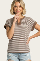 Mocha Striped Contrast Trim Top