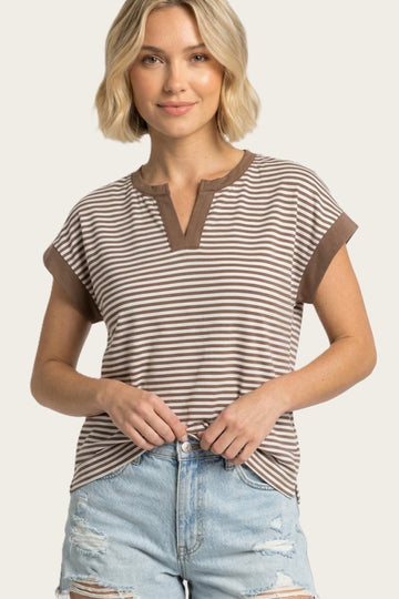 Mocha Striped Contrast Trim Top