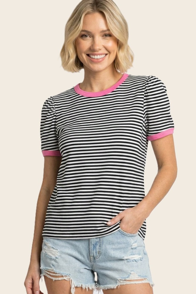 Navy Short Striped Puff Sleeve Top