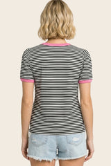 Navy Short Striped Puff Sleeve Top