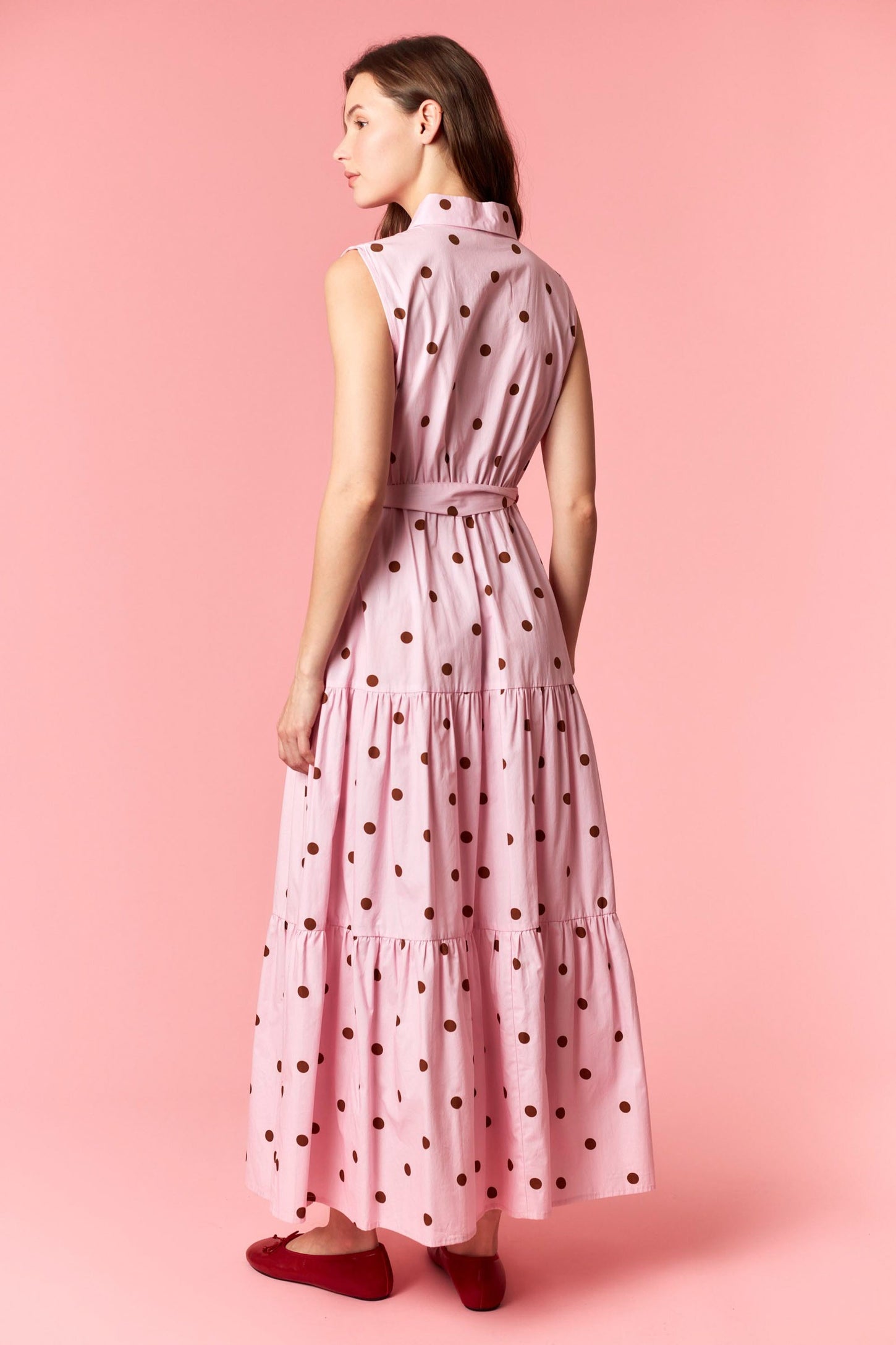 Light Pink Polka Dot Sleeveless Poplin Shirt Dress