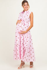 Light Pink Polka Dot Sleeveless Poplin Maternity Shirt Dress