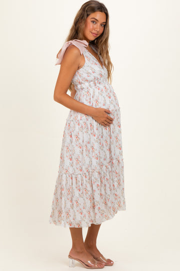 White Floral Shoulder Tie Deep V-Neck Tiered Maternity Maxi Dress