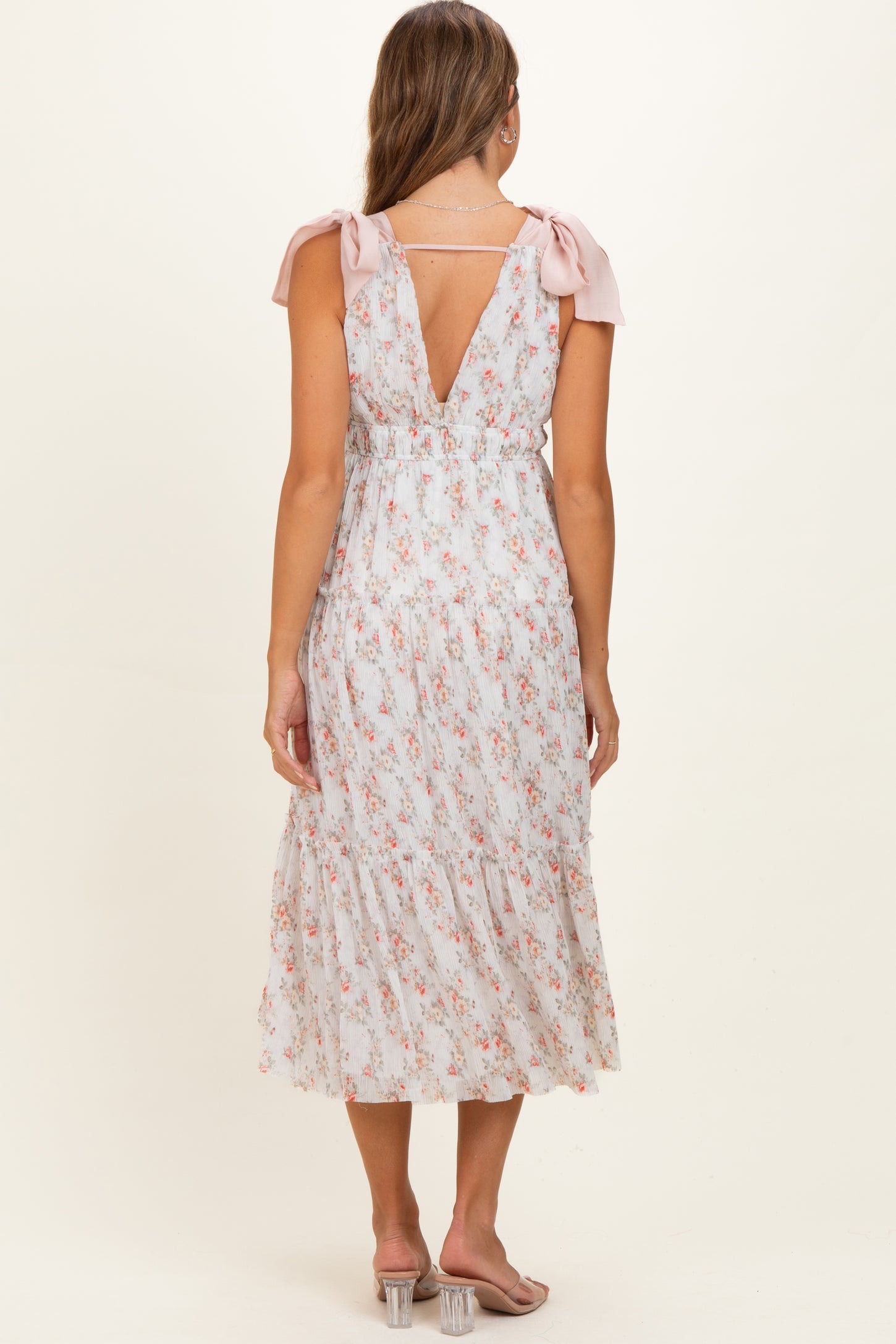 White Floral Shoulder Tie Deep V-Neck Tiered Maternity Maxi Dress