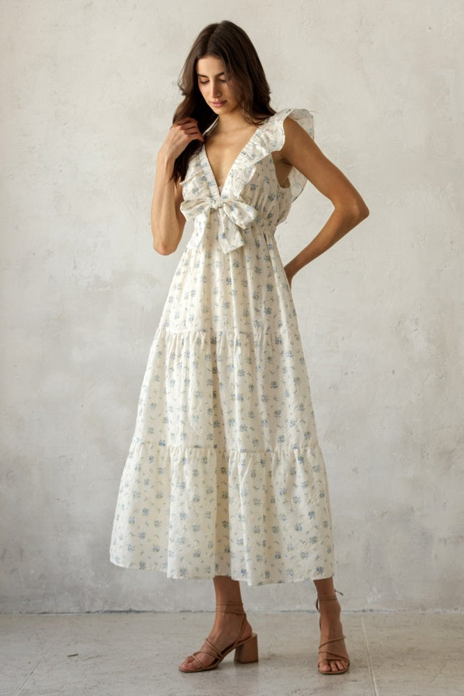 Cream Floral Front Bow Open Back Midi Dress