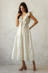 Cream Floral Front Bow Open Back Midi Dress
