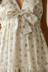 Cream Floral Front Bow Open Back Midi Dress