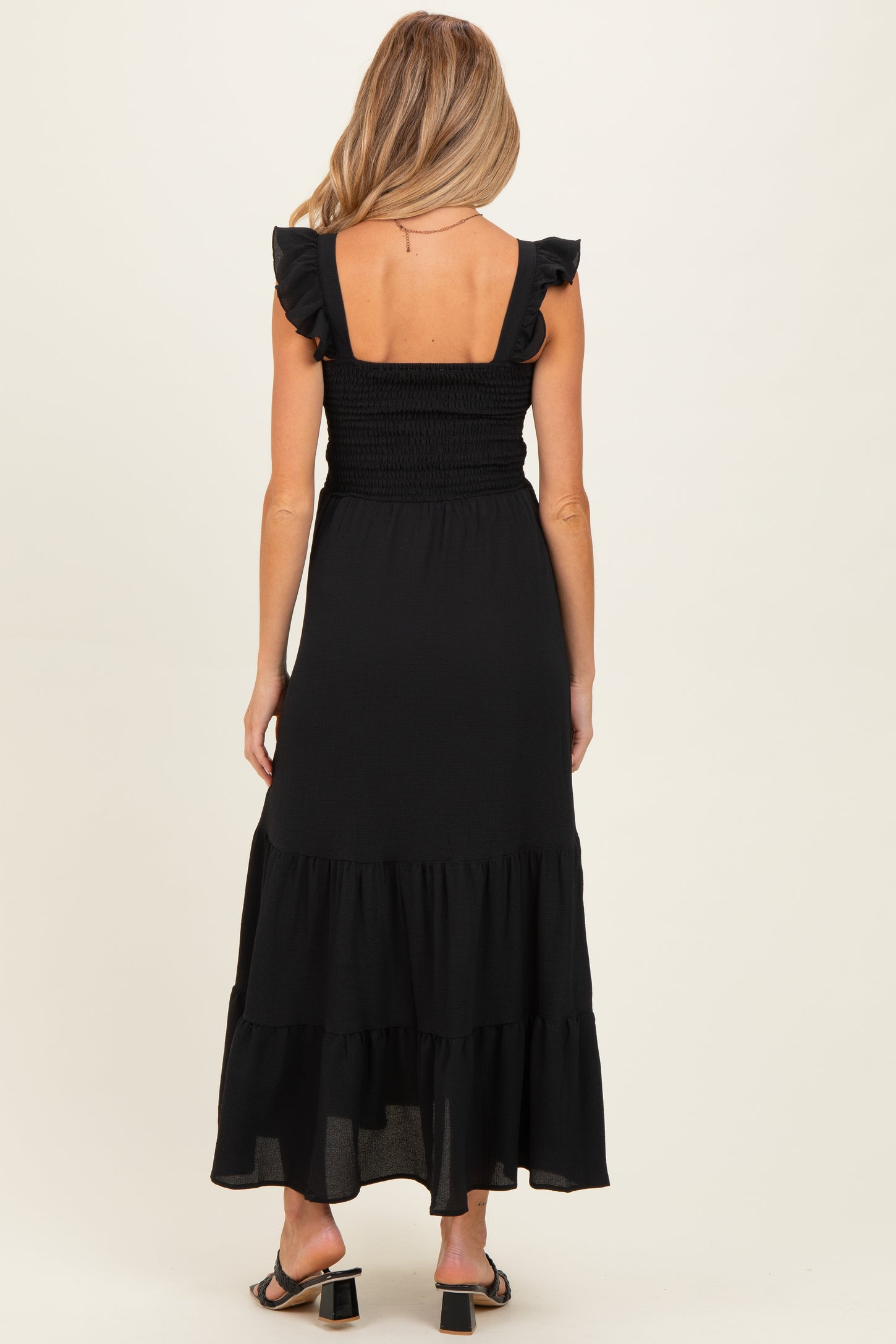 Black Ruffle Strap Smocked Maternity Maxi Dress