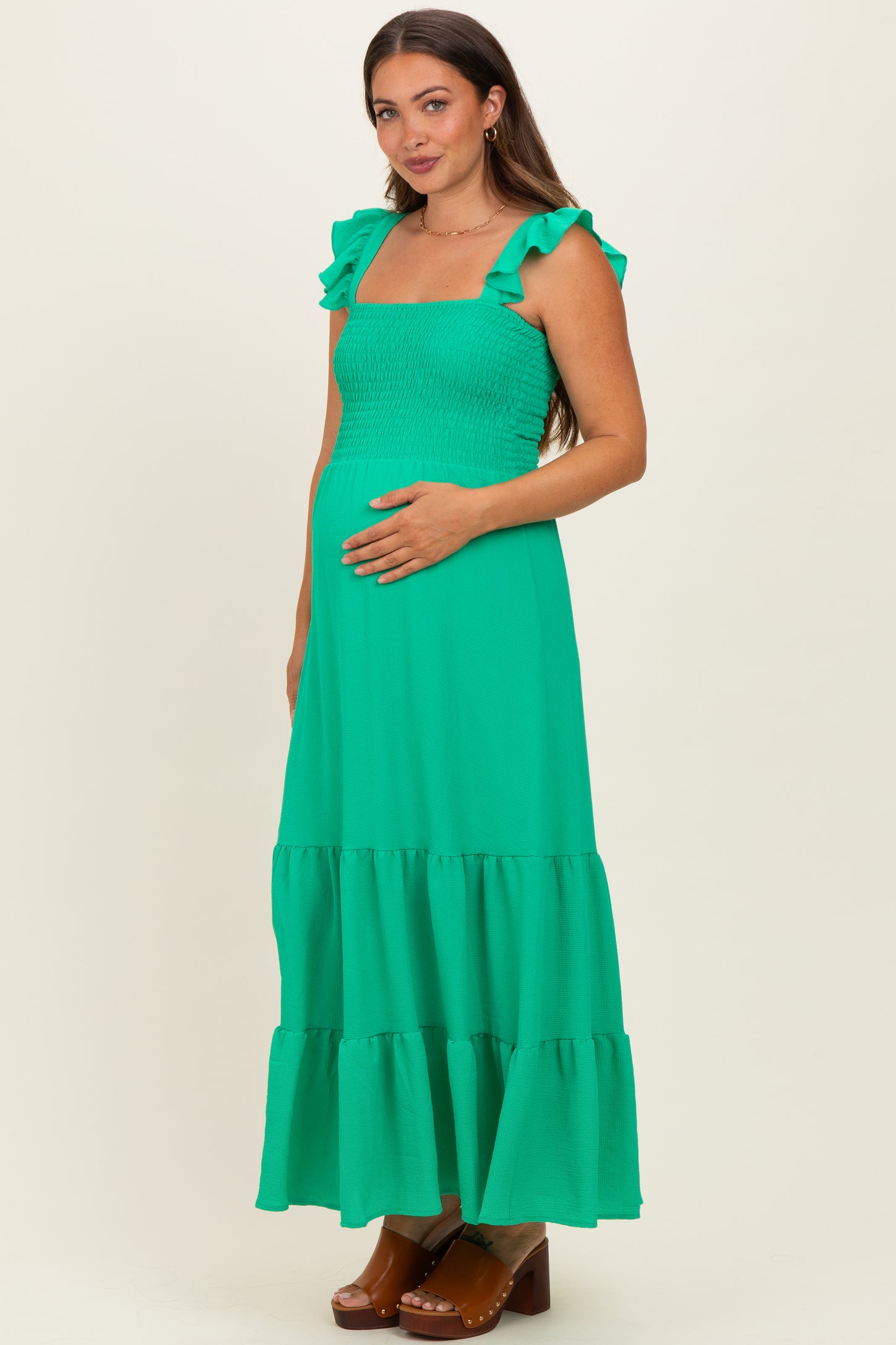 Green Ruffle Strap Smocked Maternity Maxi Dress