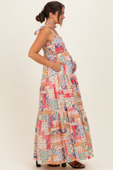 Multicolor Patchwork Print Ribbon Strap Maternity Maxi Dress