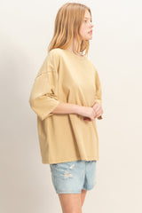 Beige Washed Oversized Crew Neck Top