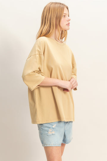 Beige Washed Oversized Crew Neck Top