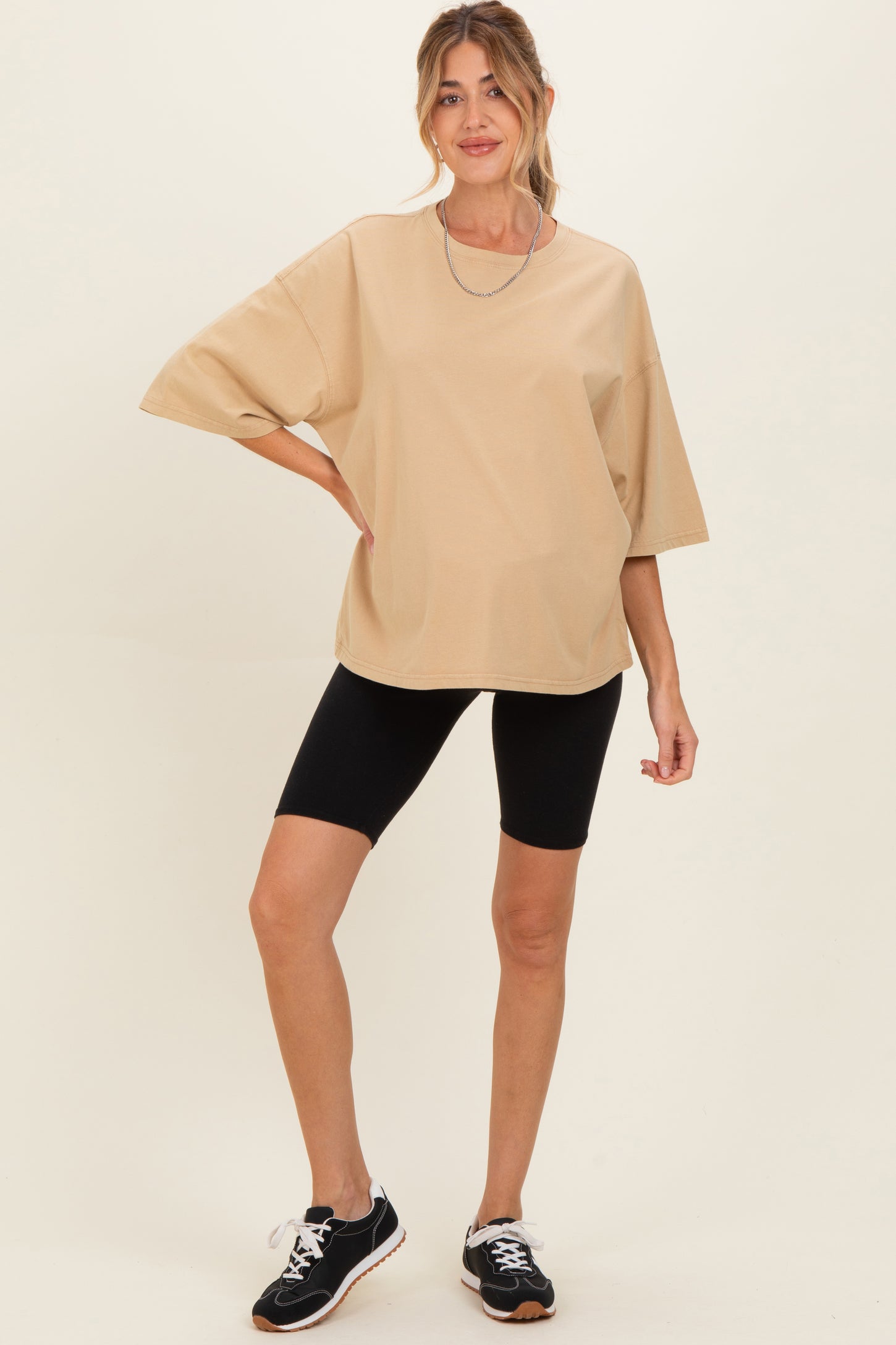 Beige Washed Oversized Crew Neck Maternity Top