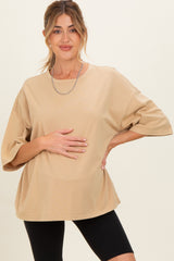 Beige Washed Oversized Crew Neck Maternity Top
