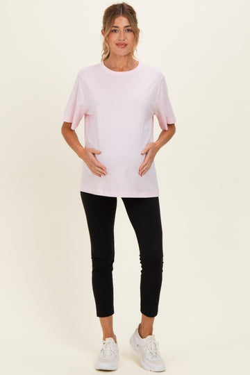 Soft Pink Oversized Short Sleeve Crew Neck Maternity T-Shirt