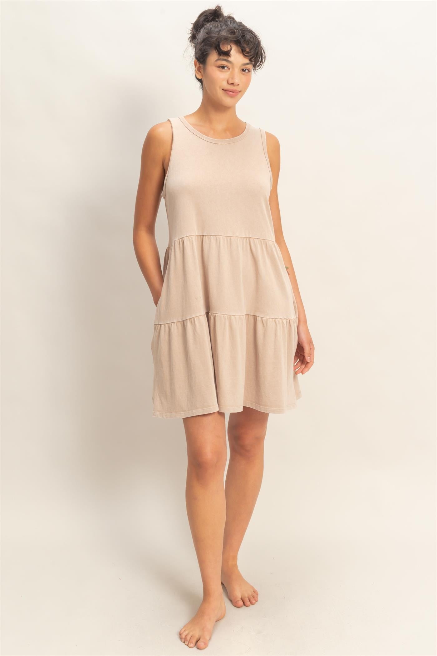 Dark Taupe Sleeveless Crewneck Tiered Mini Dress