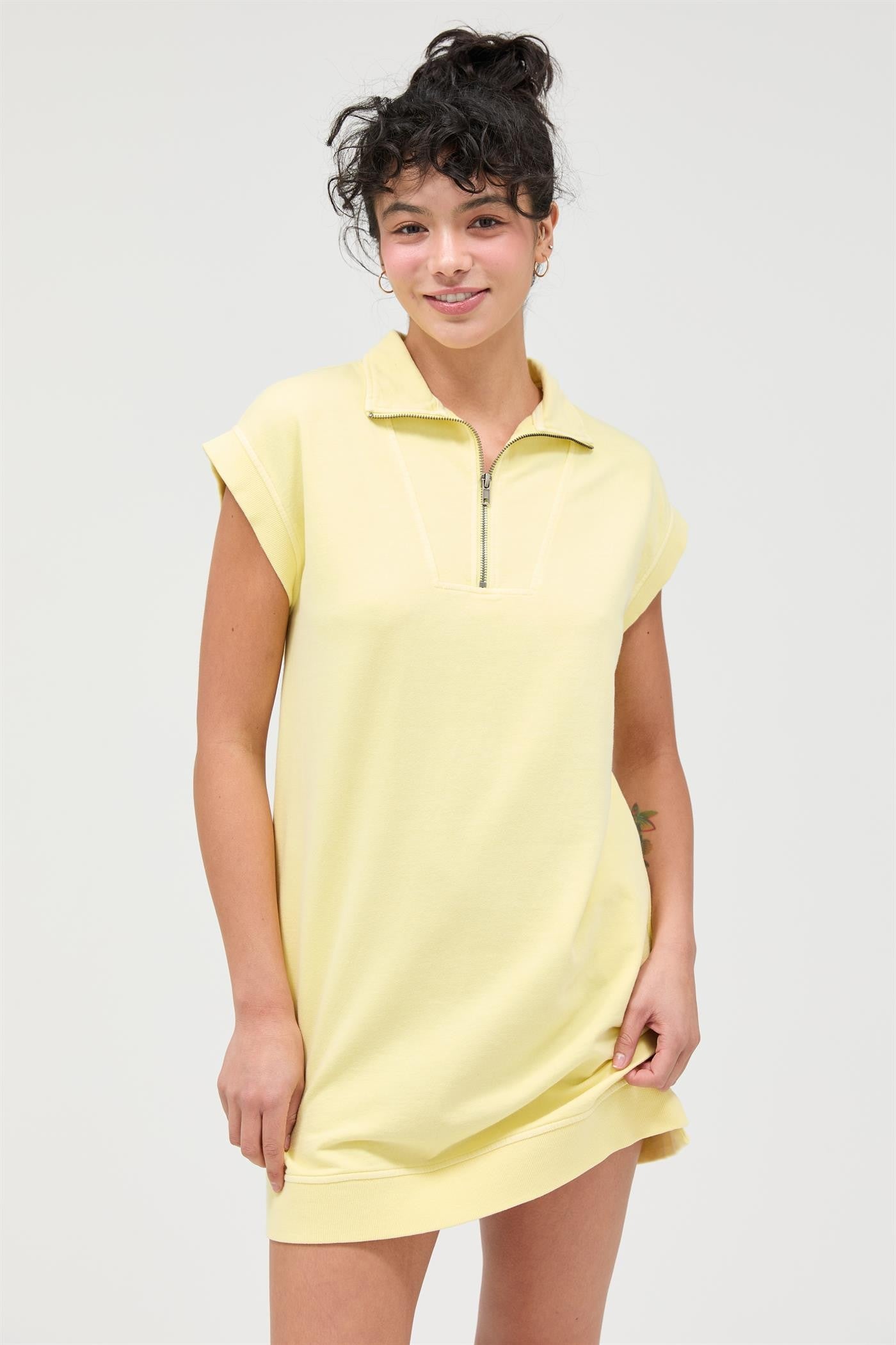 Yellow Half Zip Up Mock Neck Mini Dress