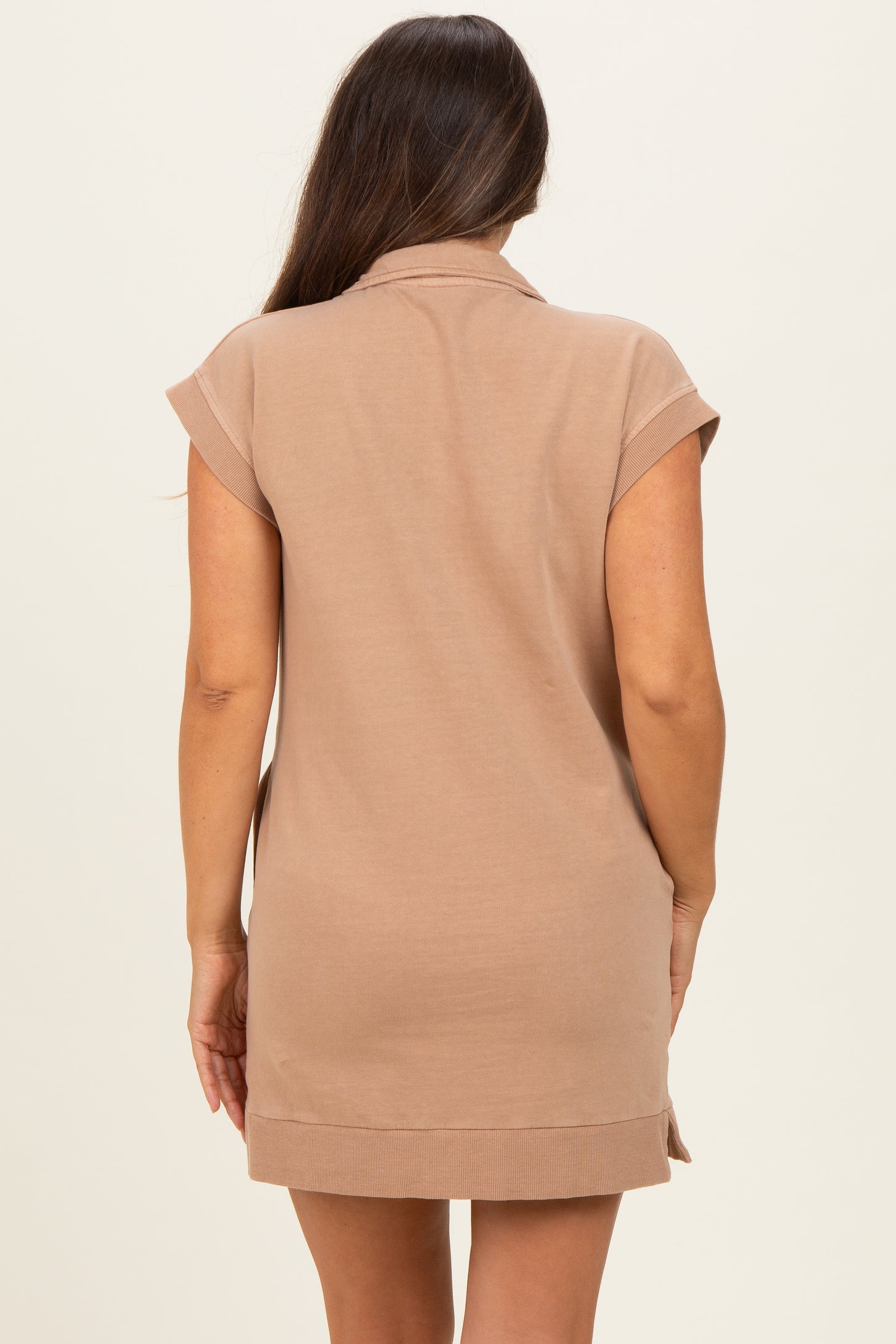 Taupe Half Zip Up Mock Neck Maternity Mini Dress