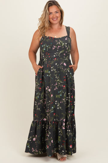 Forest Green Floral Bow Strap Maternity Plus Maxi Dress