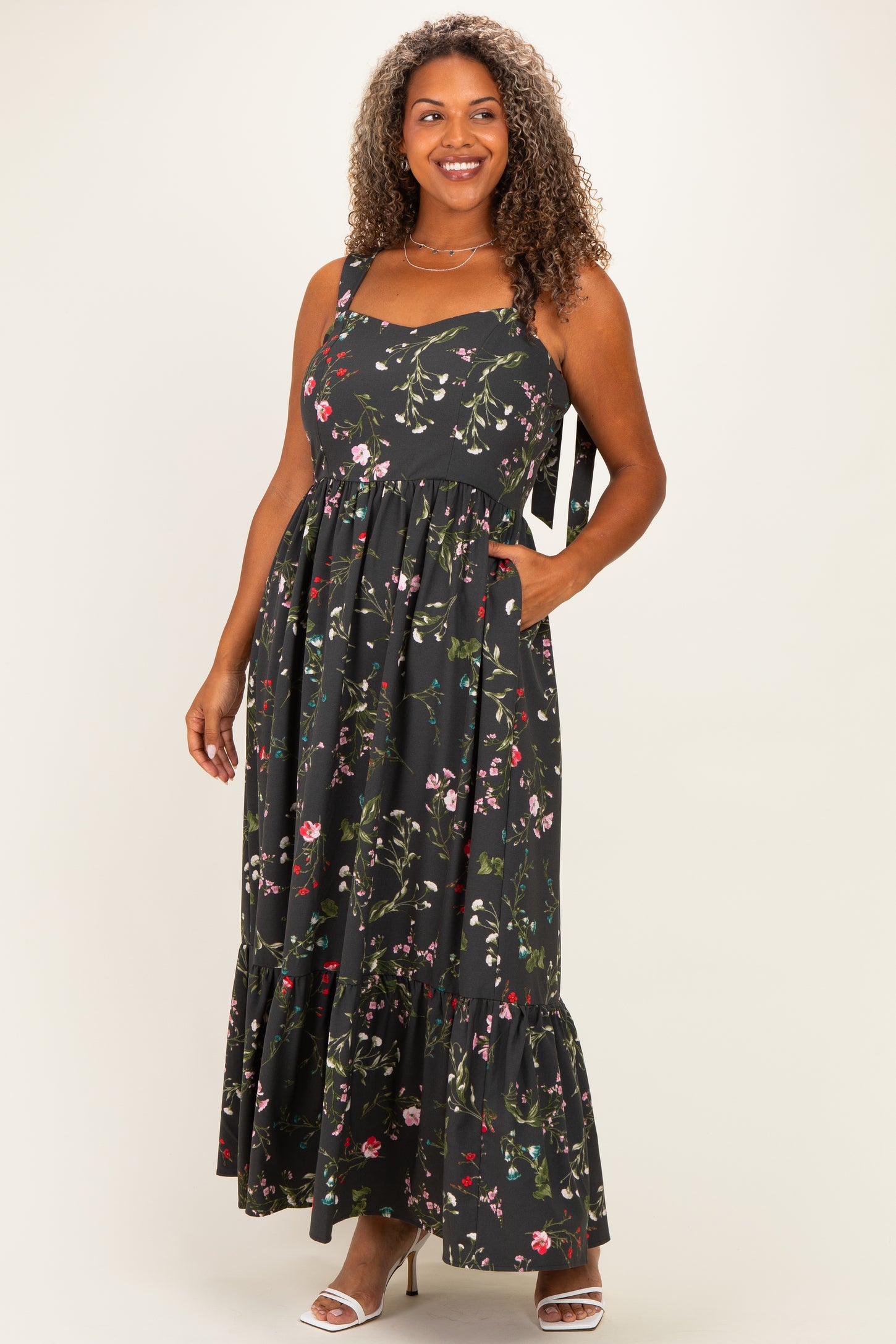 Forest Green Floral Bow Strap Plus Maxi Dress