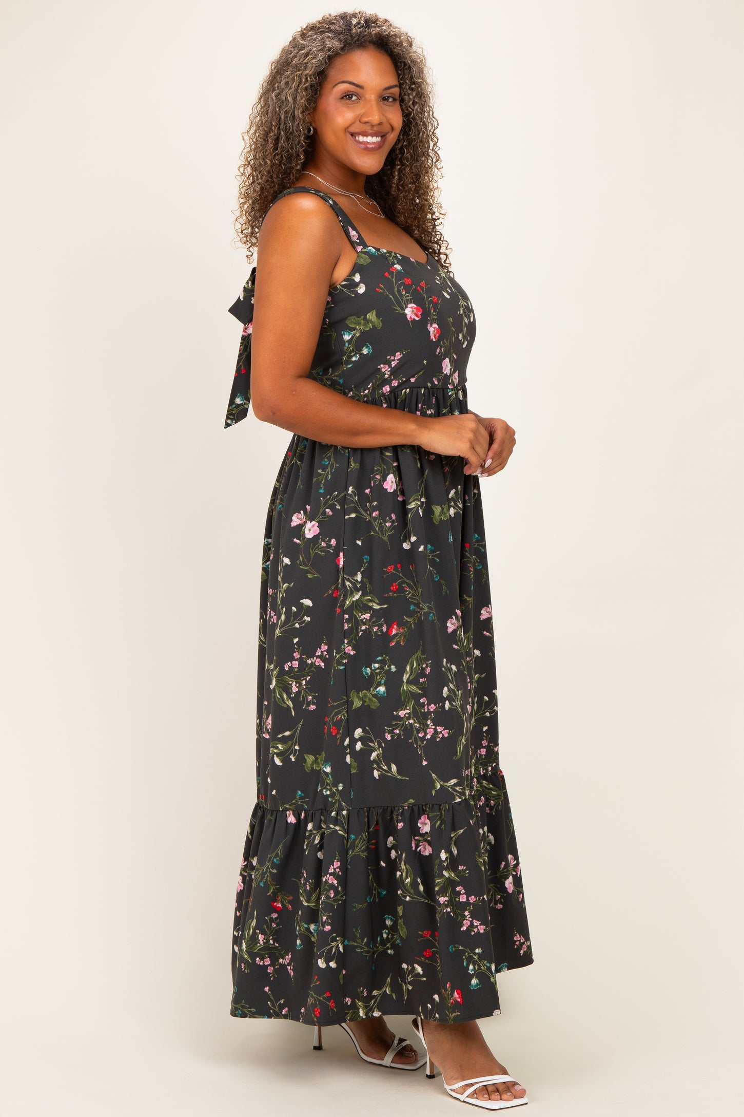 Forest Green Floral Bow Strap Plus Maxi Dress