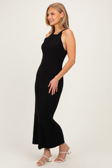Black Halter Ribbed Knit Maxi Dress