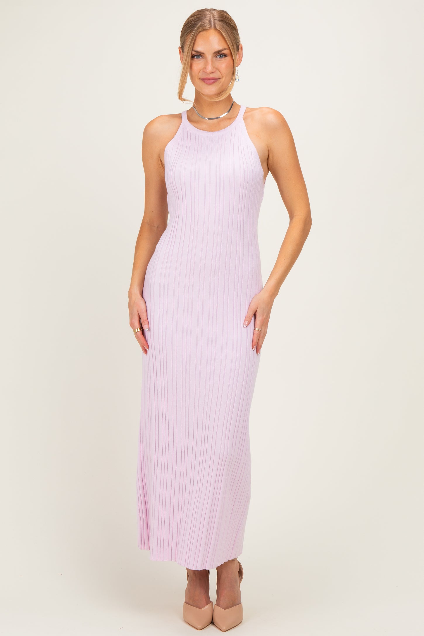 Light Pink Halter Ribbed Knit Maxi Dress