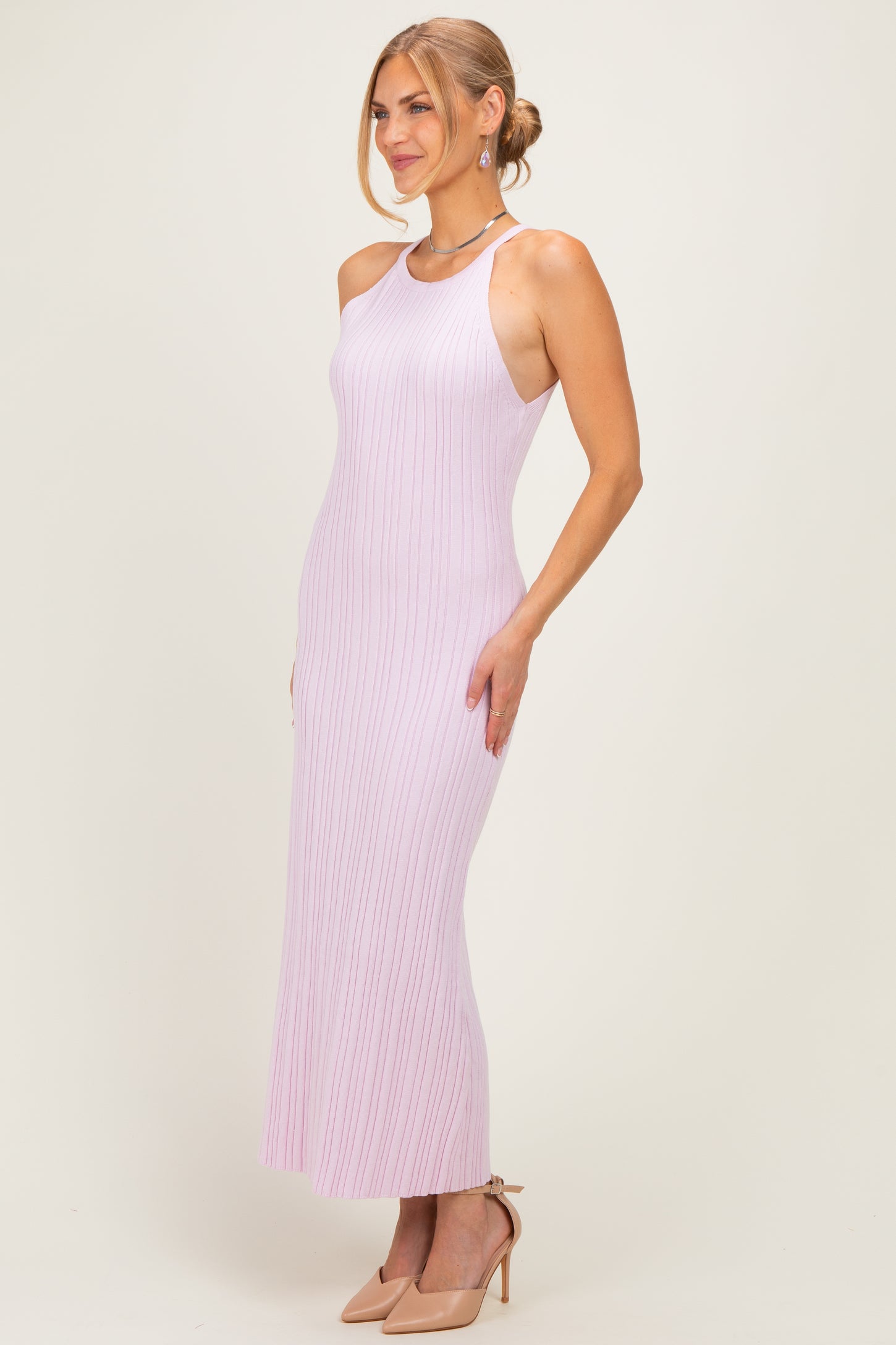 Light Pink Halter Ribbed Knit Maxi Dress