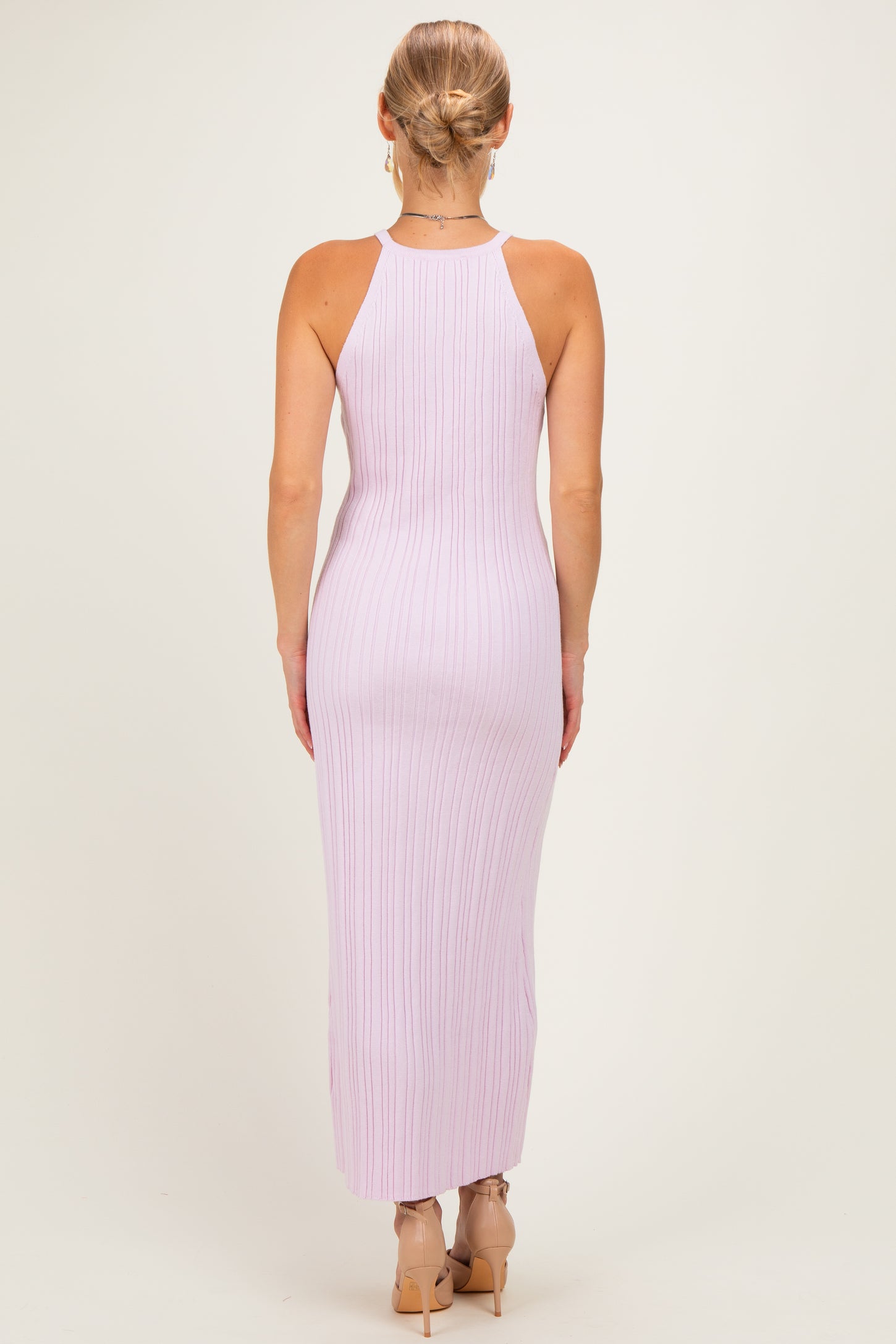 Light Pink Halter Ribbed Knit Maxi Dress