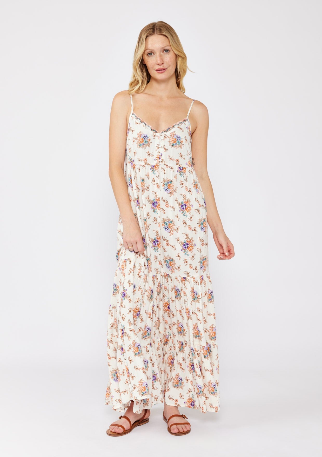 Natural Floral Tiered Button Up Maxi Dress