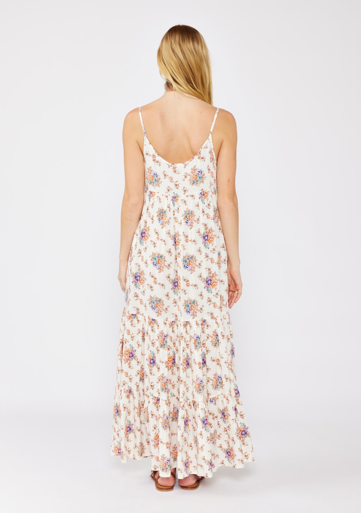 Natural Floral Tiered Button Up Maxi Dress