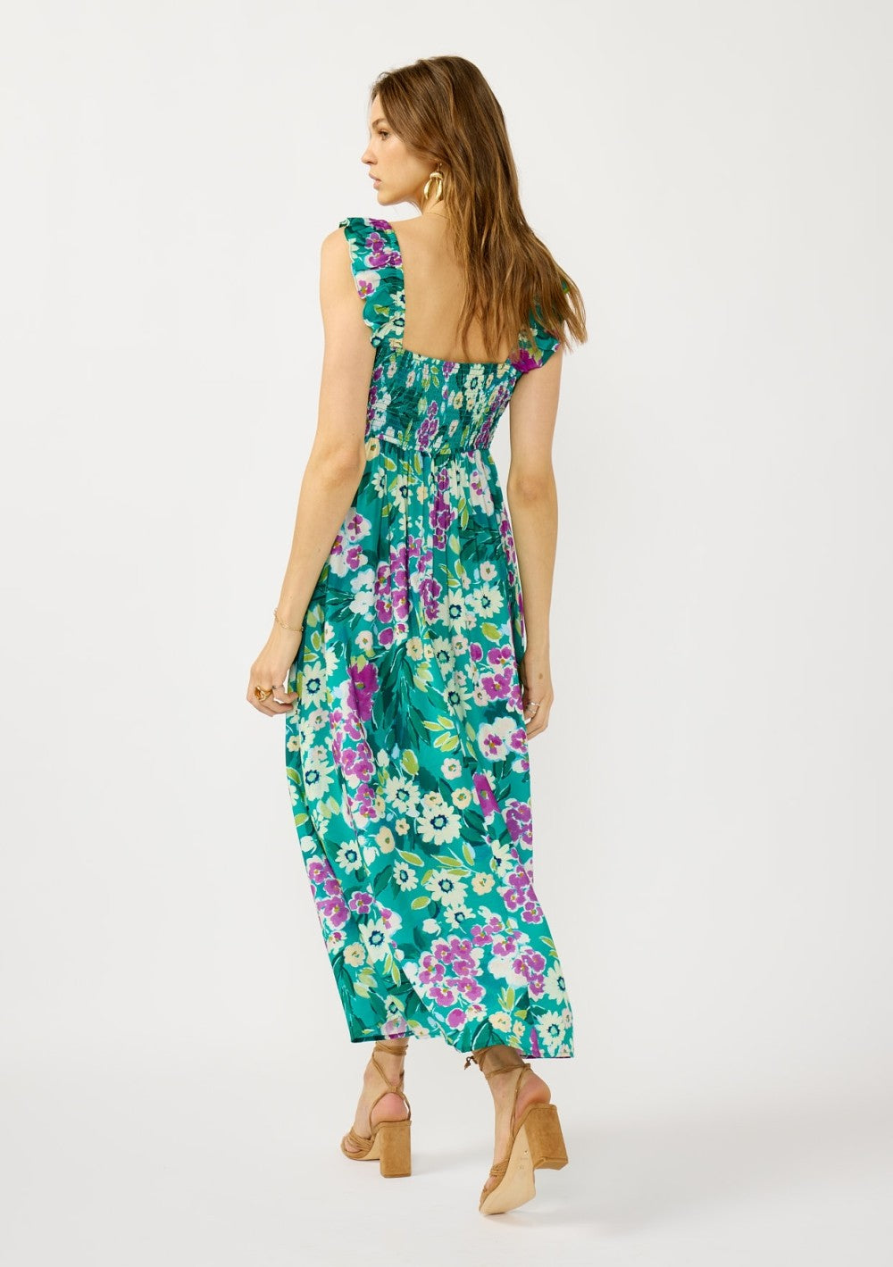 Teal Floral V-Neck Ruffle Strap Maxi Dress