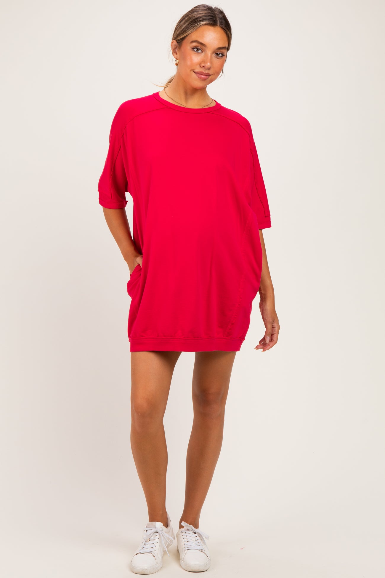 Watermelon Red Oversized Maternity T-Shirt Dress
