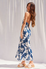 Navy Halter Neck Open Back Maternity Midi Dress