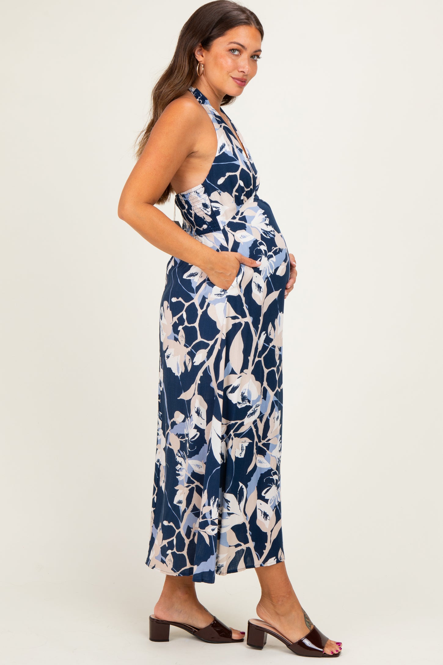 Navy Halter Neck Open Back Maternity Midi Dress