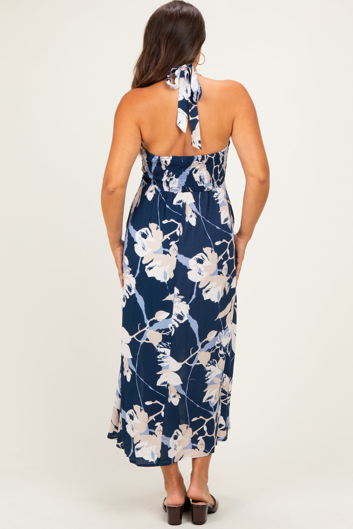 Navy Halter Neck Open Back Maternity Midi Dress