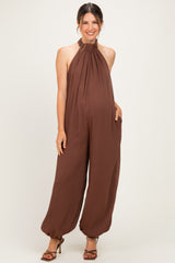 Brown Chiffon Halter Neck Open Back Maternity Jumpsuit