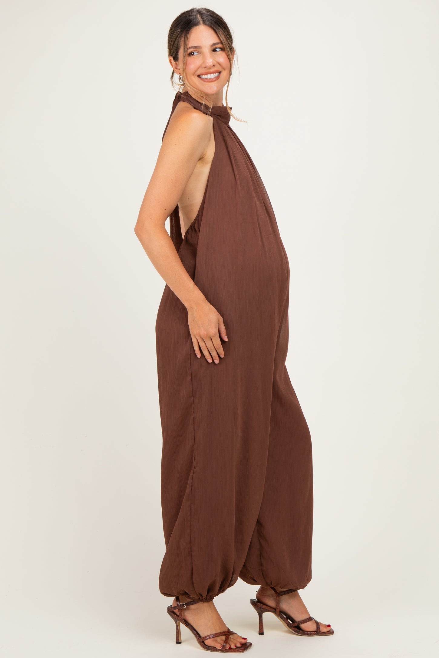 Brown Chiffon Halter Neck Open Back Maternity Jumpsuit