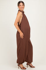 Brown Chiffon Halter Neck Open Back Maternity Jumpsuit