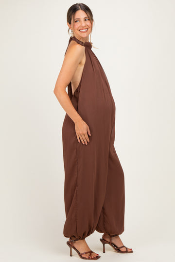 Brown Chiffon Halter Neck Open Back Maternity Jumpsuit