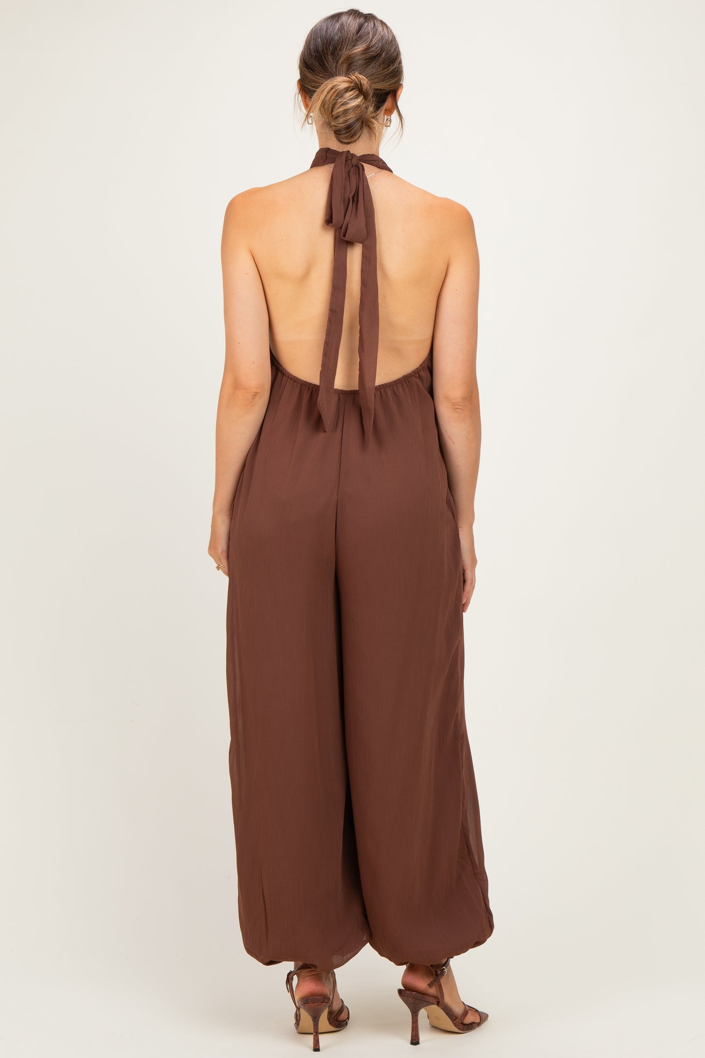 Brown Chiffon Halter Neck Open Back Maternity Jumpsuit