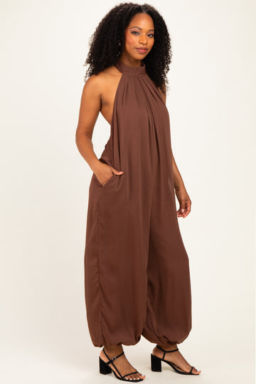 Brown Chiffon Halter Neck Open Back Jumpsuit