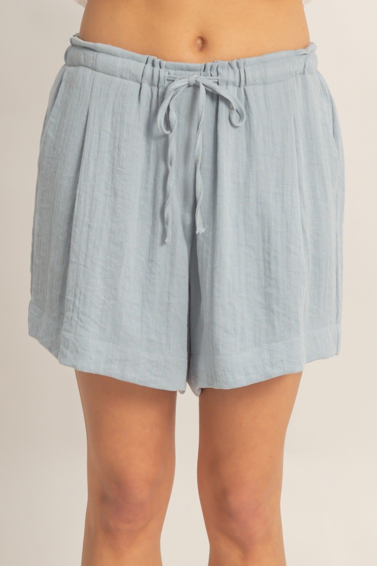 Light Blue Drawstring Pleated Shorts