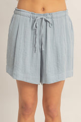 Light Blue Drawstring Pleated Shorts