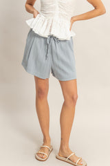 Light Blue Drawstring Pleated Shorts