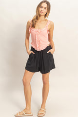 Black Drawstring Pleated Shorts