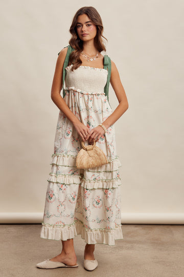 Ivory Floral Smocked Shoulder Tie Tiered Maxi Dress